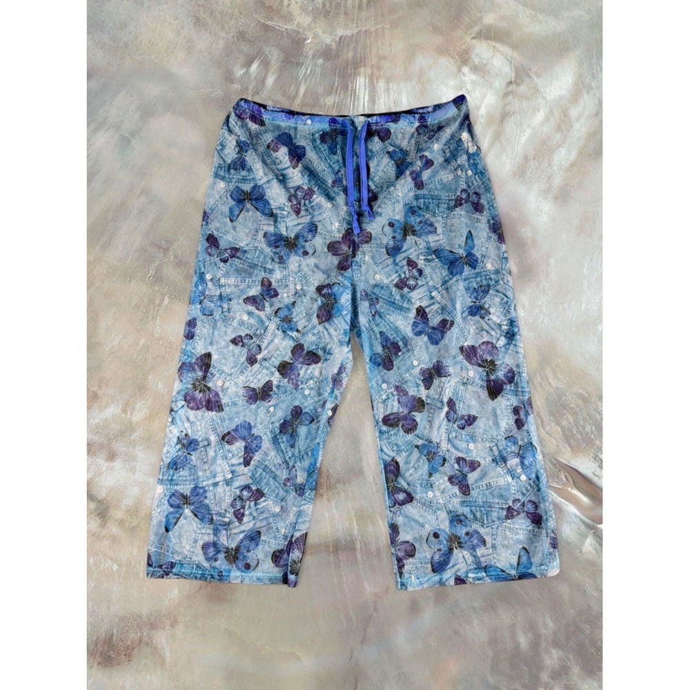 Y2K Butterfly Mesh Graphic Capri Pants Sheer Blue Stretch‎ Swimsuit Coverup S/M
